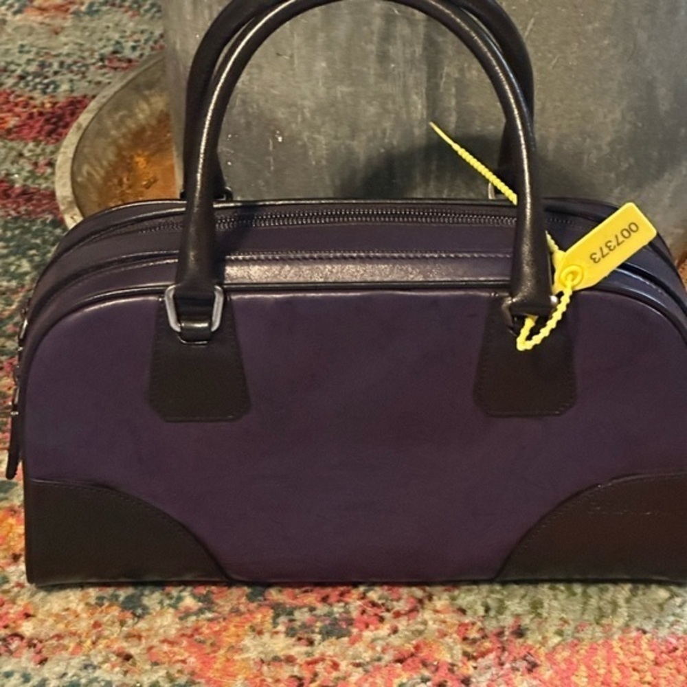 Prada new bag with COA Double zip purple & black Vitelli leather bowling bag